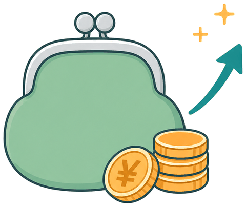 がま口の財布と積み上がる硬貨のイラスト