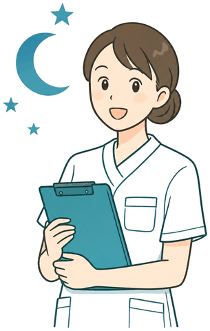 夜空の月とクリップボードを持つ看護師のイラスト