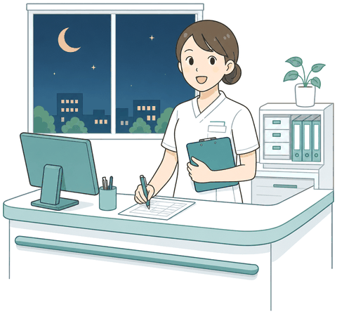 夜のナースステーションで記録する看護師のイラスト