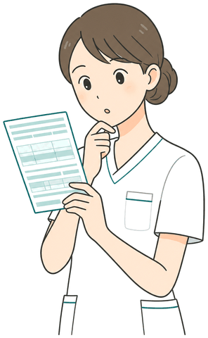 書類を見て考える看護師のイラスト